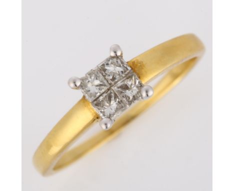 A modern 18ct gold diamond cluster ring, set with Princess-cut diamonds, total diamond content approx 0.4ct, setting height 6