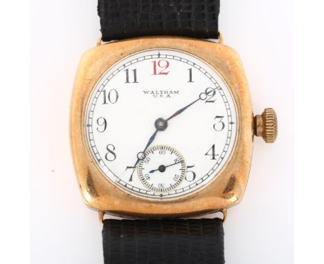 WALTHAM - an early 20th century 9ct rose gold cushion-cased mechanical wristwatch, circa 1920s, white enamel dial with Arabic