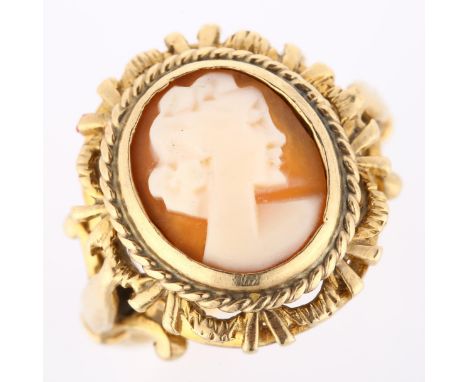 A late 20th century 9ct gold shell cameo ring, relief carved depicting female profile, hallmarks London 1978, setting height 