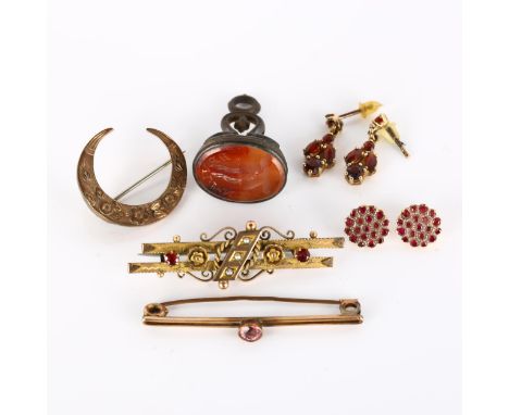 Various jewellery, including 9ct gold, 5.9g, unmarked earrings, 3g, and seal fobLot sold as seen unless specific item(s) requ