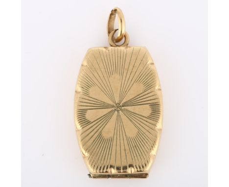 A mid-20th century 9ct gold photo locket pendant, with engraved sunburst decoration, hallmarks Birmingham 1965, pendant heigh