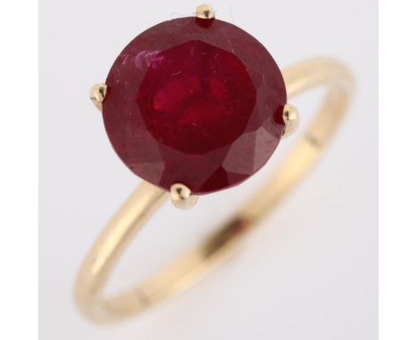 A modern 9ct gold synthetic ruby dress ring, set with modern round brilliant-cut ruby, diameter 15.1mm, size P, 2.8gNo damage