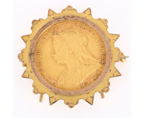 A Victoria 1900 gold full sovereign coin, in 9ct brooch mount, overall diameter 31mm, 10.3gHigh points quite worn with light 