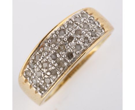 A modern 9ct gold diamond cluster band ring, set with single-cut diamonds, total diamond content approx 0.5ct, setting height