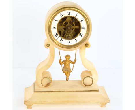 A 19th century French white marble drum mantel clock, white enamel dial with Roman numeral hour markers, and gilded figural s