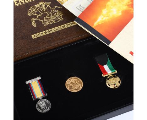 A Royal Mint Behind Enemy Lines Gulf War Collection, comprising 1980 gold full sovereign coin, miniature Gulf medal and minia