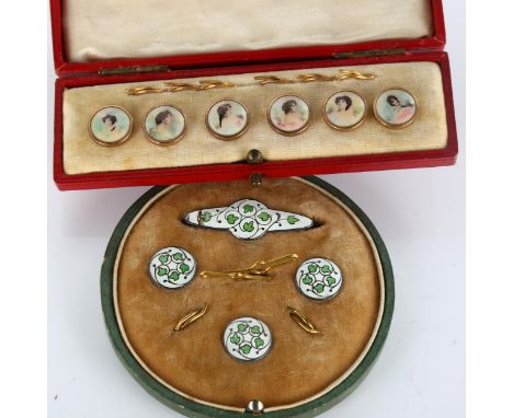 An Art Nouveau silver and enamel dress set, hallmarks Birmingham 1910, and a cased set of gold plated buttons (2)Enamel brooc