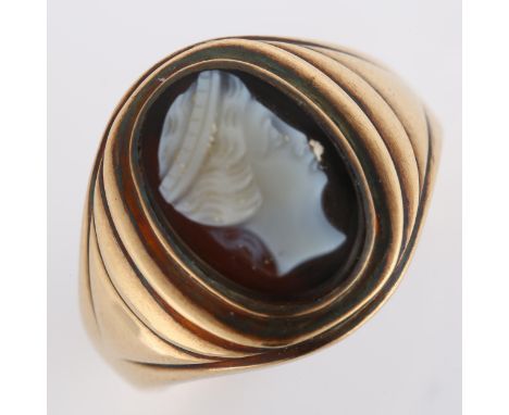 A 9ct gold hardstone cameo ring, relief carved depicting female profile, setting height 18.2mm, size U, 5.8gNo damage or repa