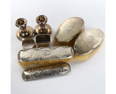 Various silver, including salt, pair of candlesticks, napkin ring etcLot sold as seen unless specific item(s) requested 