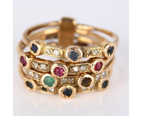 A Turkish multi-band gem set Harem ring, composed of 4 separate bands joined at the shank, gemstones include ruby sapphire em