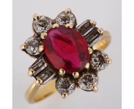 A late 20th century synthetic ruby and diamond cluster ring, unmarked gold settings with oval mixed-cut ruby and baguette and