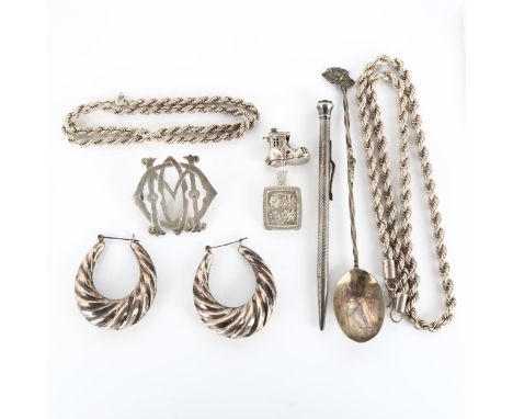 Various silver and jewellery, including Jubilee pendant, heavy rope twist necklace, propelling pencil etc, 125.1g grossLot so