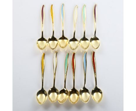 ABSA - a set of 12 Danish vermeil sterling silver and harlequin enamel coffee spoons, length 9cmNo damage or repairs, no enam