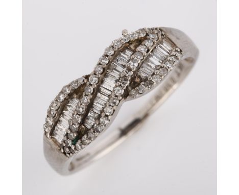 A modern 9ct white gold diamond cluster band ring, set with baguette and single-cut diamonds, total diamond content approx 0.