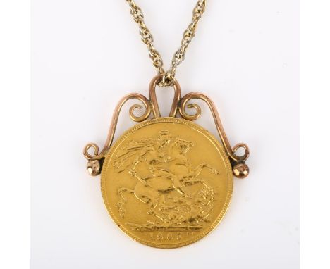 An Edward VII 1905 gold full sovereign coin, with soldered unmarked pendant mount and gilt-metal chain, 8.8g excluding chainC