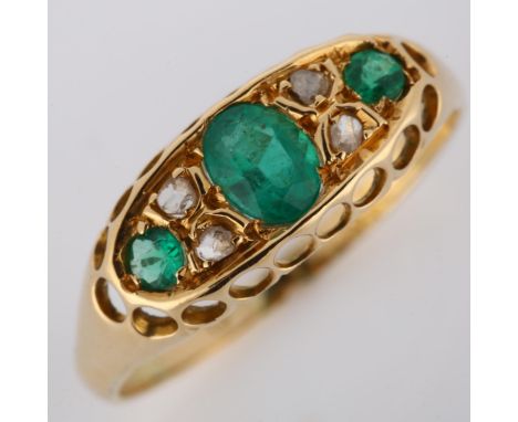 An early 20th century 18ct gold emerald and diamond half hoop ring, indistinct hallmarks, setting height 7mm, size O, 2.1gNo 