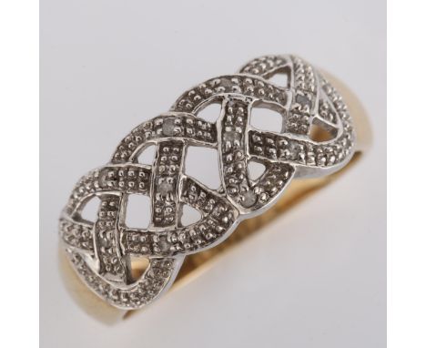 A modern 9ct gold diamond lattice band ring, set with single-cut diamonds, setting height 13.9mm, size P, 2.9gNo damage or re