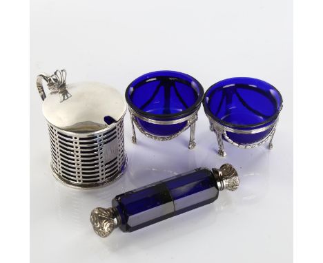 Various silver, including drum mustard pot, pair of Adams style salts, and double-ended scent bottleLot sold as seen unless s