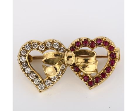 A late 20th century 18ct gold ruby and diamond double-heart brooch, set with round-cut rubies and modern brilliant-cut diamon