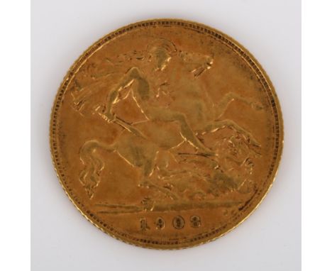 An Edward VII 1908 gold half sovereign coin, 3.9gHigh points quite worn, light abrasions all over 