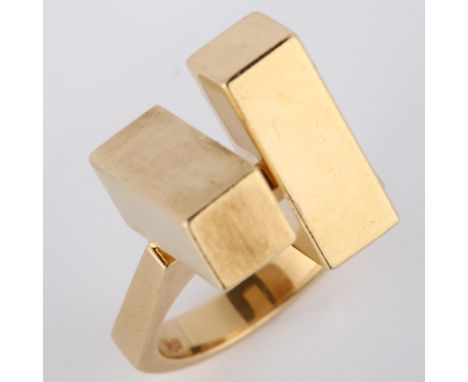 HANS HANSEN - a 1970s Danish 14ct gold geometric abstract ring, set with 2 offset cuboid blocks, with steep shoulders, cuboid