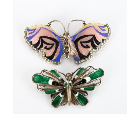 2 silver and enamel butterfly brooches, largest wingspan 66.4mm, 27.5g total (2)Pink example had 2 large surface chips to ena