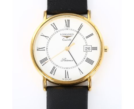 LONGINES - a gold plated stainless steel Presence quartz wristwatch, white dial with Roman numeral hour markers, sweep centre