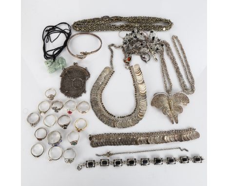 A quantity of silver jewellery, including rings, butterfly brooch, necklace etcLot sold as seen unless specific item(s) reque