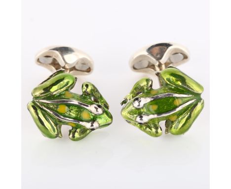 DEAKIN & FRANCIS - a pair of sterling silver and enamel figural frog cufflinks, hallmarks Birmingham 2012, frog length 19.4mm