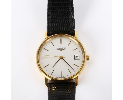 LONGINES - a gold plated stainless steel mechanical wristwatch, circa 1985, silvered dial with gilt baton hour markers, sweep