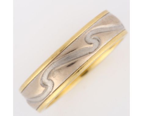 A modern 18ct gold wave wedding band ring, band width 4.9mm, size J, 4.9gNo damage or repairs, only light surface wear, hallm