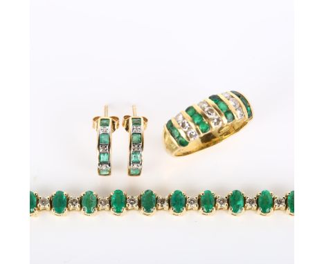 A modern emerald and diamond demi-parure, comprising 18ct gold ring (5.3g), 14ct tennis line bracelet (14.9g), and pair of 9c