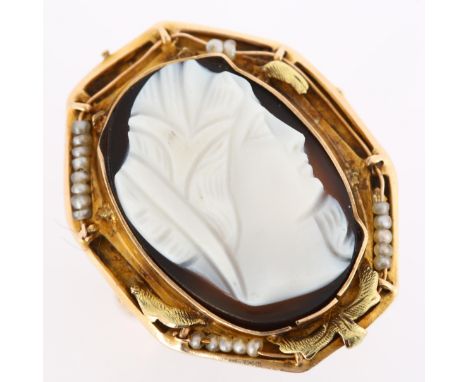 An Antique hardstone cameo ring, 9ct gold settings with relief carved panel depicting female profile and seed pearl abacus de