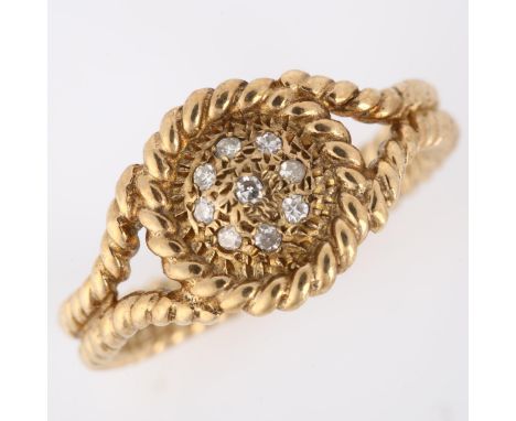 A 1970s 9ct gold diamond cluster ring, textured rope twist design set with single-cut diamonds, by Georg Jensen Ltd, hallmark