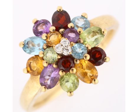 A modern 9ct gold gem set dress ring, gemstones include amethyst garnet peridot etc, setting height 14.3mm, size O, 3.1gNo da