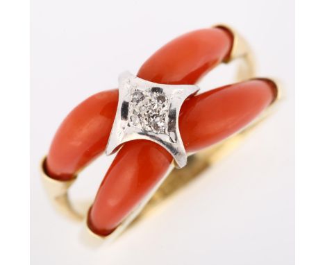 A Continental 14ct gold coral and diamond dress ring, setting height 9.2mm, size O, 6.6gNo damage or repairs, all stones pres