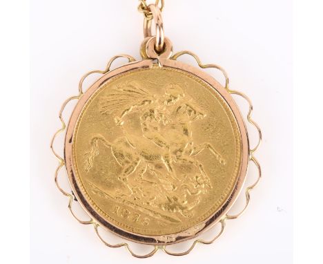 A Victoria 1876 gold full sovereign coin, young head, in 9ct pendant mount, with 9ct fine figaro link chain, chain length 28c