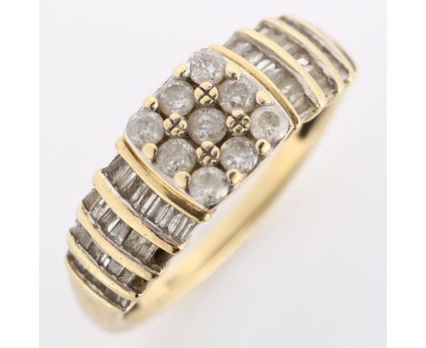 A modern 9ct gold diamond cluster dress ring, set with modern round brilliant and baguette-cut diamonds, setting height 12.3m