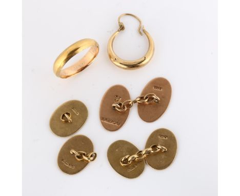 Various gold jewellery, comprising 9ct cufflinks and earring, 10.5g, and unmarked wedding band ring, 3.2gLot sold as seen unl