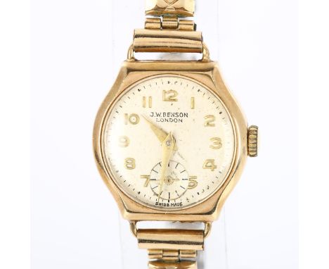J W BENSON - a lady's 9ct gold mechanical bracelet watch, ref. 87757, silvered dial with gilt Arabic numerals and subsidiary 