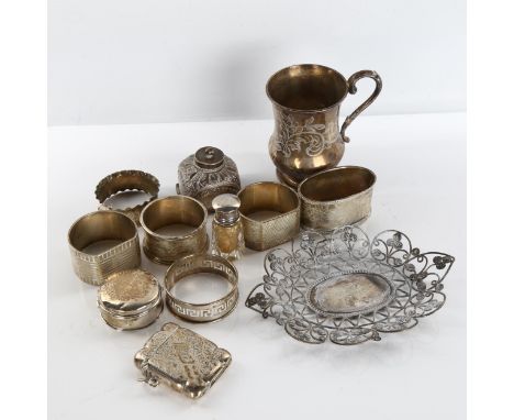 Various silver, including Victorian christening mug, napkin rings, Indian dish etc, 9.3oz weighableLot sold as seen unless sp