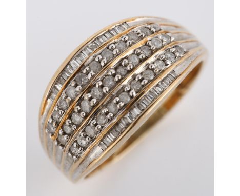 A modern 9ct gold diamond cluster band ring, set with modern round brilliant and baguette-cut diamonds, setting height 15.8mm