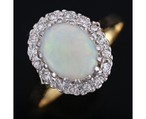 An 18ct gold opal and diamond cluster ring, set with oval cabochon opal and single-cut diamonds, setting height 14.5mm, size 