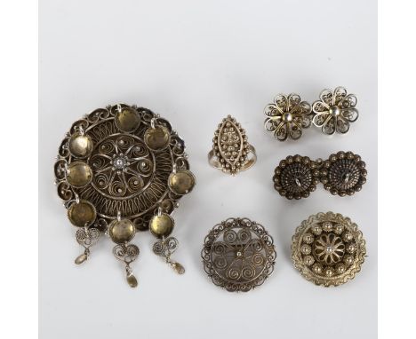 Various Norwegian silver Folk Art jewellery, including brooches and ring, size P, 67.6g total (6)No damage or repairs, only l