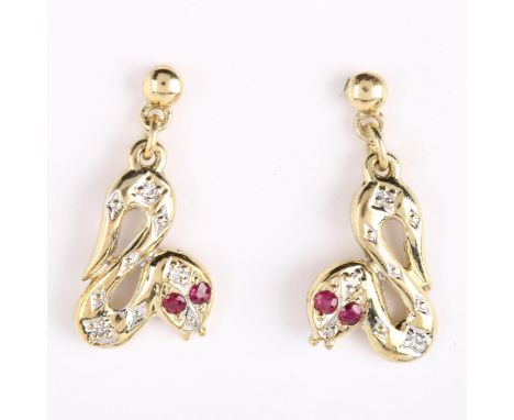 A pair of 9ct gold ruby and diamond figural snake drop earrings, with stud fittings, earring height 19.6mm, 1.8gNo damage or 