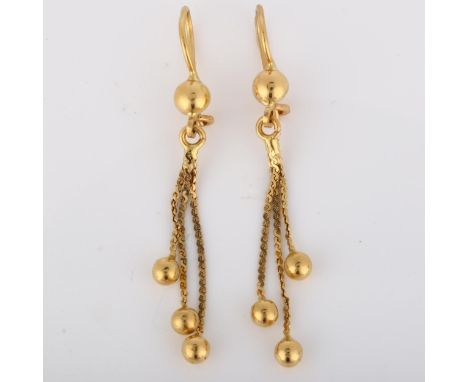 A pair of Continental 18ct gold tassel drop earrings, with shepherd hook fittings, earring height 50.7mm, 3.6gNo damage or re