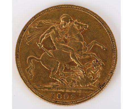 A Victoria 1893 gold full sovereign coin, 7.9gHigh points quite worn with light abrasions all over 