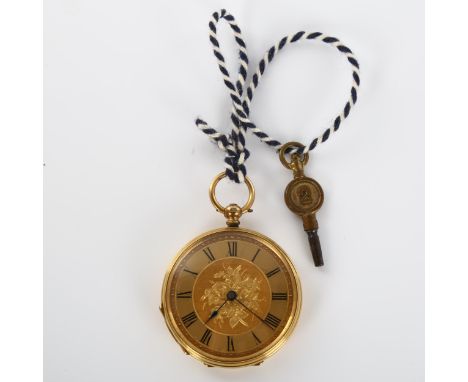 A Swiss 18ct gold open-face key-wind pocket watch, engine turned and floral engraved dial with hand painted Roman numeral hou