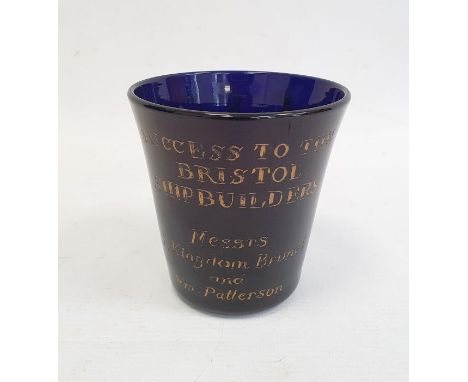 Victorian Bristol blue glass tumbler commemorating the Great Western with an etched and gilded depiction of the steamship, ti
