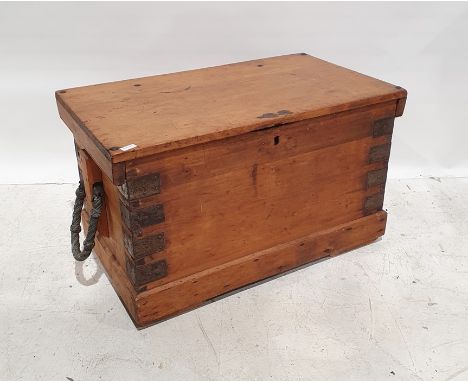 Vintage pine trunk, the rectangular top opening to reveal candle box to interior, iron-bound, on plinth base, 86cm x 48cm 